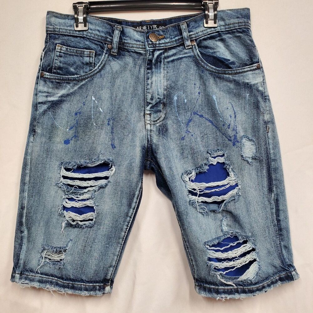 Arketype Men’s Ripped Distressed Denim Shorts Size 32 – Acid Wash Jean Style